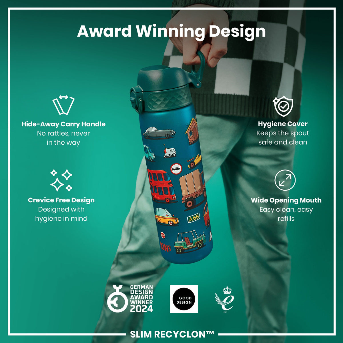 A teal water bottle stands upright, displaying various cartoon vehicles on its surface against a white background. The bottle features a teal lid with a flip-top opening mechanism. A small red circle with the word "STOP" is visible near the bottom.