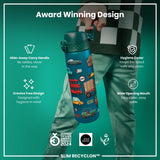 A teal water bottle stands upright, displaying various cartoon vehicles on its surface against a white background. The bottle features a teal lid with a flip-top opening mechanism. A small red circle with the word 