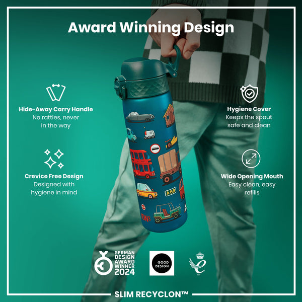 A teal water bottle stands upright, displaying various cartoon vehicles on its surface against a white background. The bottle features a teal lid with a flip-top opening mechanism. A small red circle with the word "STOP" is visible near the bottom.
