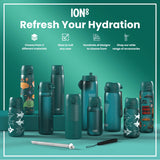 A teal water bottle stands upright, displaying various cartoon vehicles on its surface against a white background. The bottle features a teal lid with a flip-top opening mechanism. A small red circle with the word 