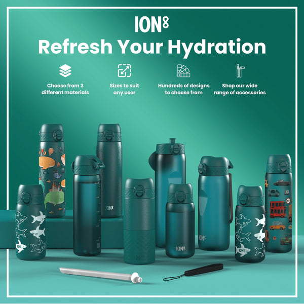 A teal water bottle stands upright, displaying various cartoon vehicles on its surface against a white background. The bottle features a teal lid with a flip-top opening mechanism. A small red circle with the word "STOP" is visible near the bottom.