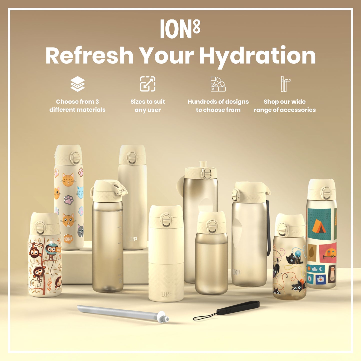 Several beige ION8 water bottles of varying sizes and designs are displayed on a light beige surface; a straw and carrying strap are also shown.