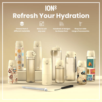 Several beige ION8 water bottles of varying sizes and designs are displayed on a light beige surface; a straw and carrying strap are also shown.