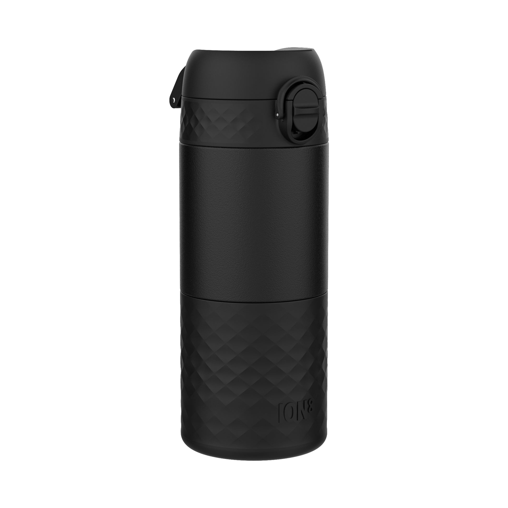 A black water bottle, featuring a textured diamond pattern and a hinged lid, stands against a white background. ION8 is subtly embossed on the bottle.