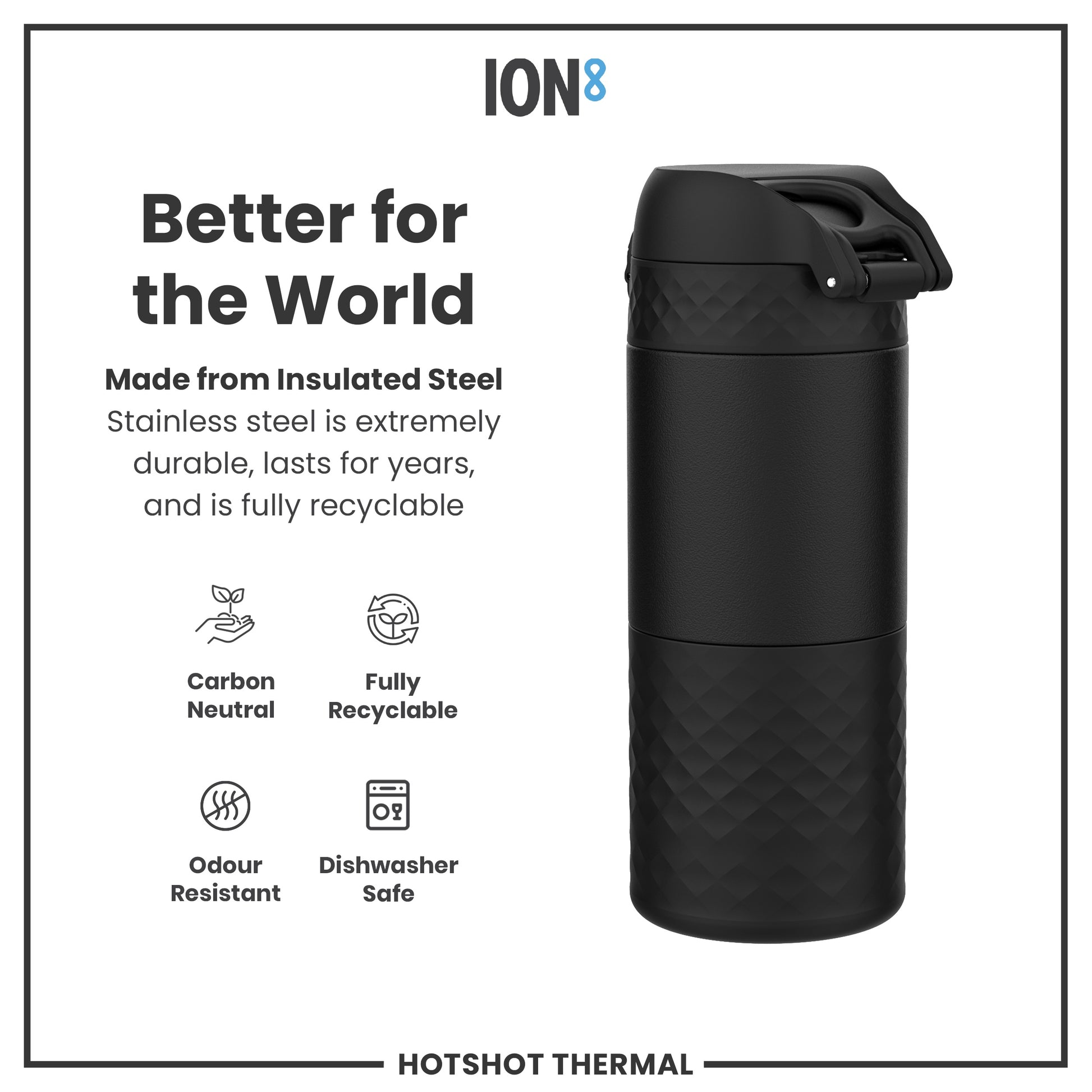 A black insulated steel thermos stands against a white background; it's made from durable, recyclable material, and is dishwasher safe. The text also states it is carbon neutral and odour resistant.