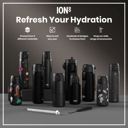 Several black ION8 water bottles, various sizes and designs, are displayed on a gray surface; a white straw and carrying strap are also shown. The text advertises material choices, size options, design variety, and accessories.