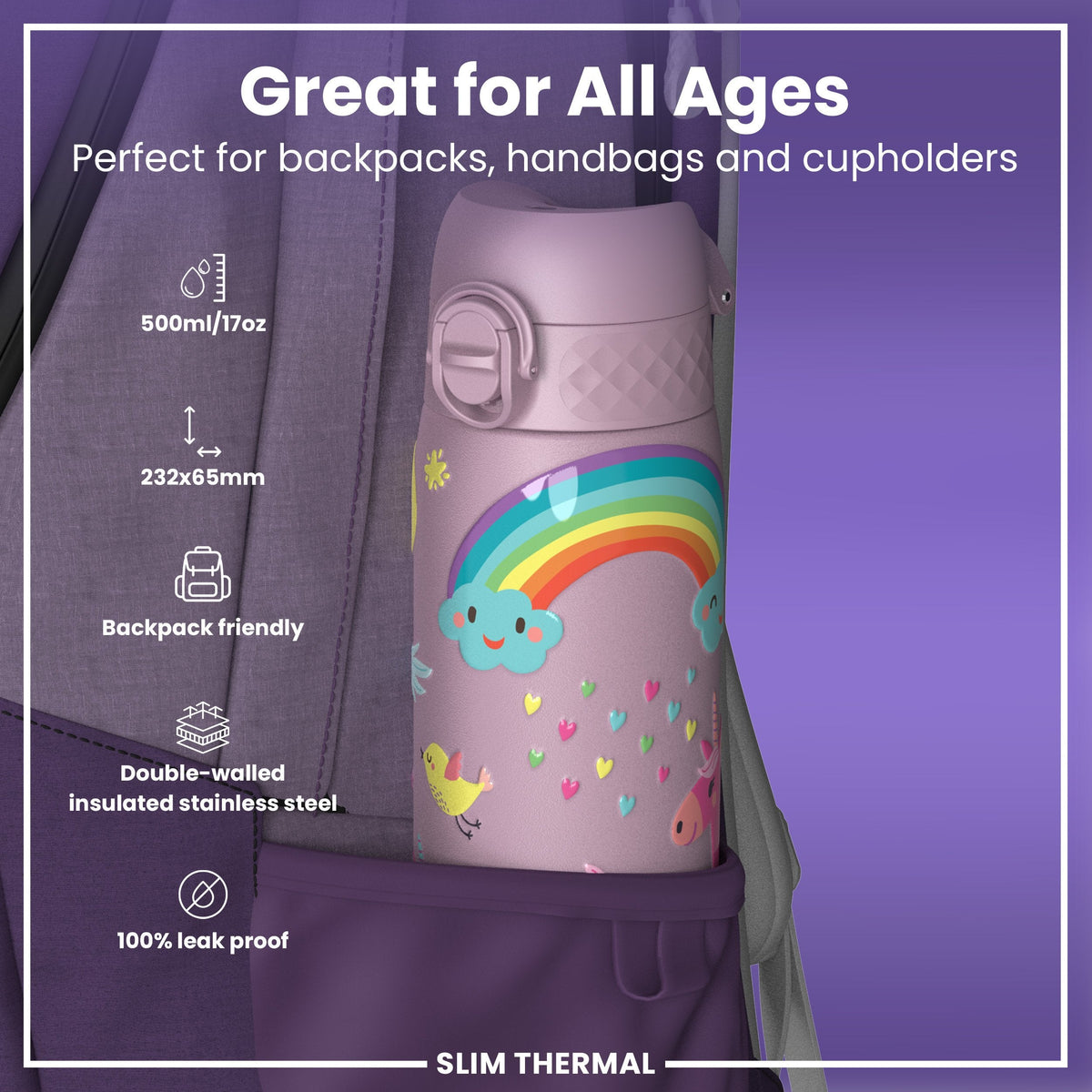 Leak Proof Slim Thermal Steel Water Bottle, Insulated, Unicorns, 500ml (17oz)
