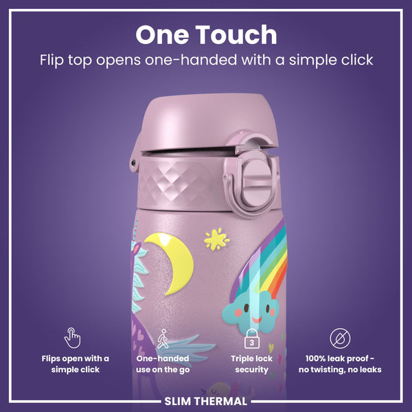 Leak Proof Slim Thermal Steel Water Bottle, Insulated, Unicorns, 500ml (17oz)