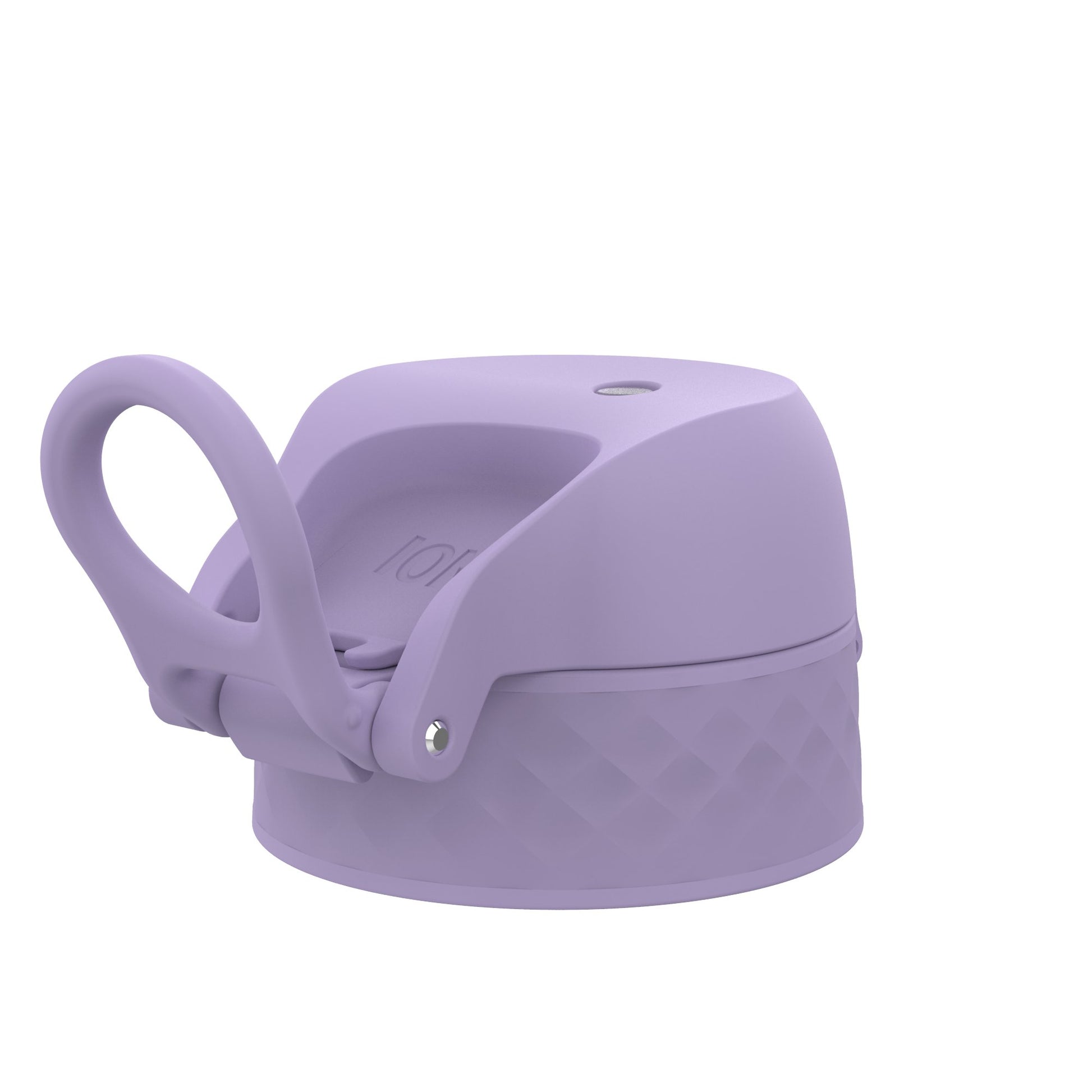 Purple bottle lid with a flip-top design and a loop handle sits isolated on a white background