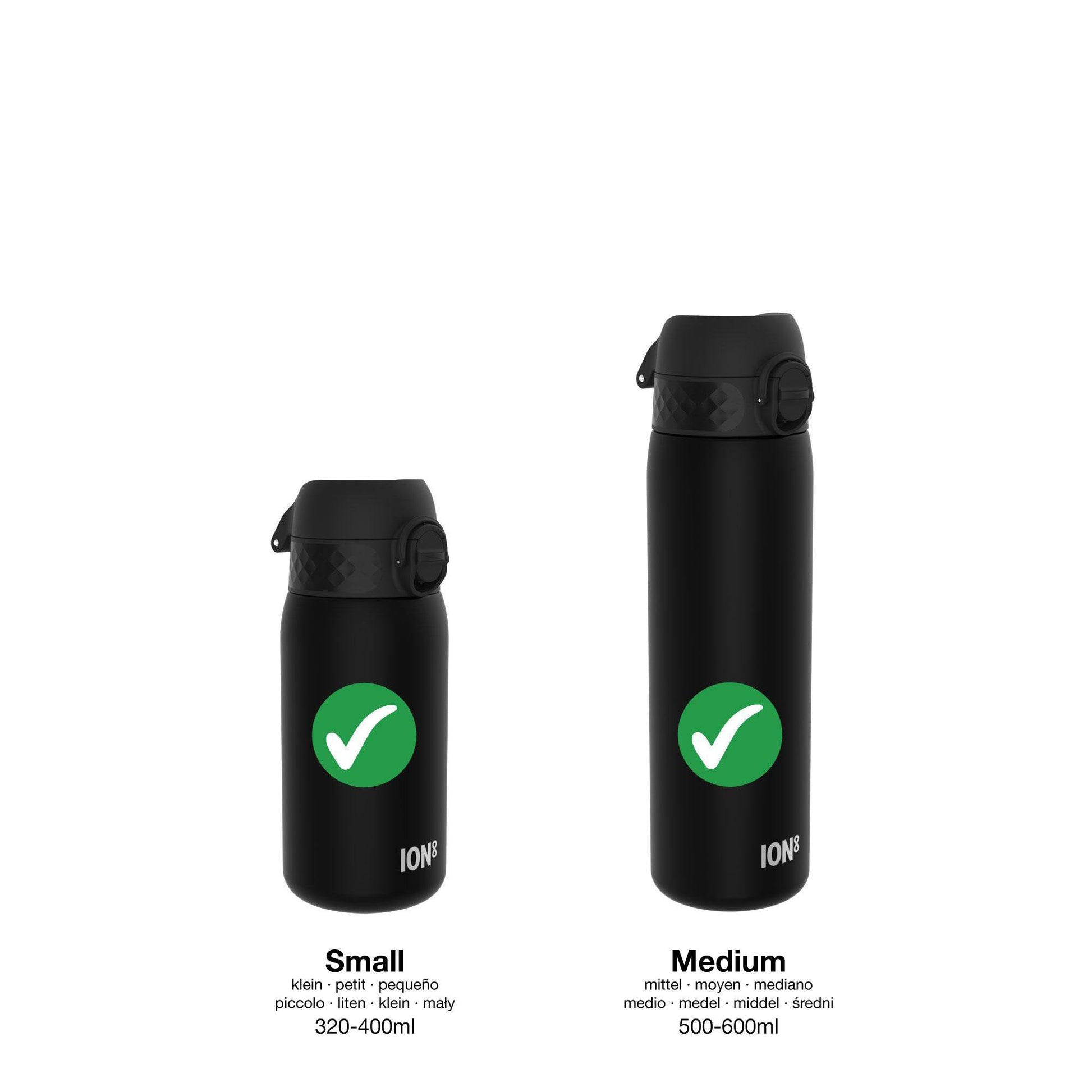 Two black reusable water bottles with locking lids, featuring green check marks; labeled "ION8" in small (320-400ml) and medium (500-600ml) sizes. Descriptions include multiple translations.