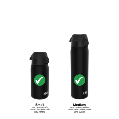 Two black water bottles stand upright against a white background. The smaller bottle is labeled "ION8 Small" and the larger "ION8 Medium". Both display green check marks. Text: "Small klein petit pequeño piccolo liten klein maly 320-400 ml Medium mittel moyen mediano medio medel middel sredni 500-600 ml"