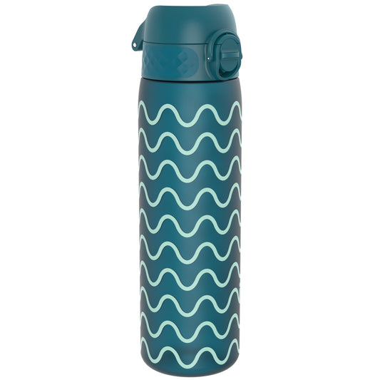 A teal water bottle, featuring a wavy pattern, stands against a white background. The bottle has a dark teal screw-on cap with a hinged flip-top.