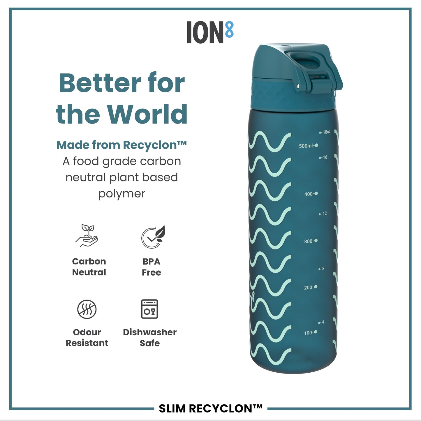 A teal water bottle with a flip-top lid and wavy design sits against a white background. It is made from a plant-based polymer, BPA-free, odor resistant, and dishwasher safe. The bottle is marked with milliliter and ounce measurements.