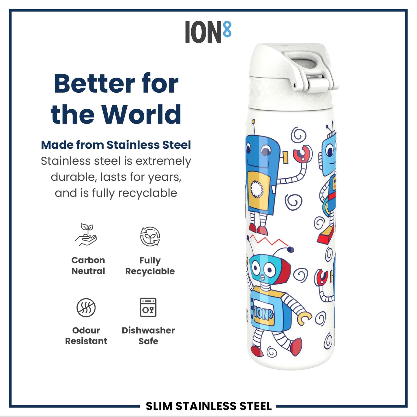 Leak Proof Slim Water Bottle, Stainless Steel, Robots, 600ml (20oz)