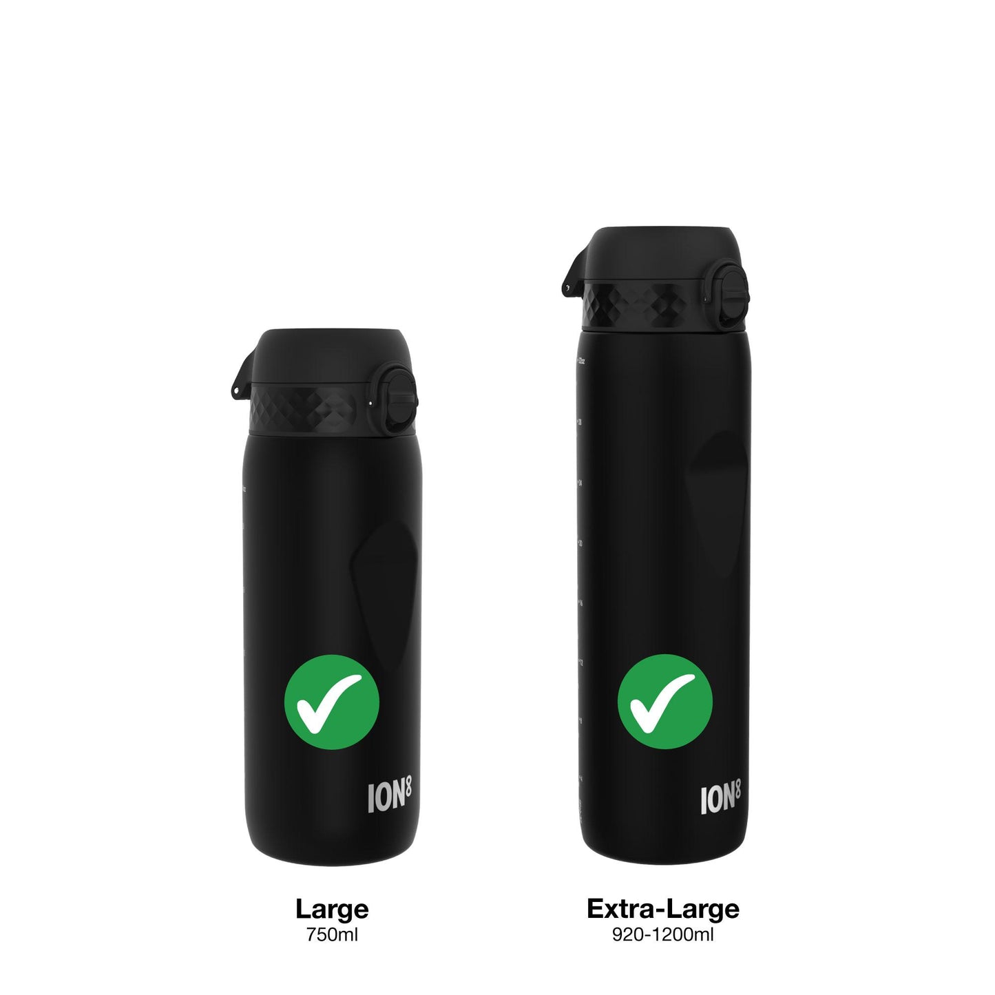 Two black ION8 water bottles, one labeled “Large 750ml” and the other “Extra-Large 920-1200ml”, sit against a white background. Each displays a green checkmark.