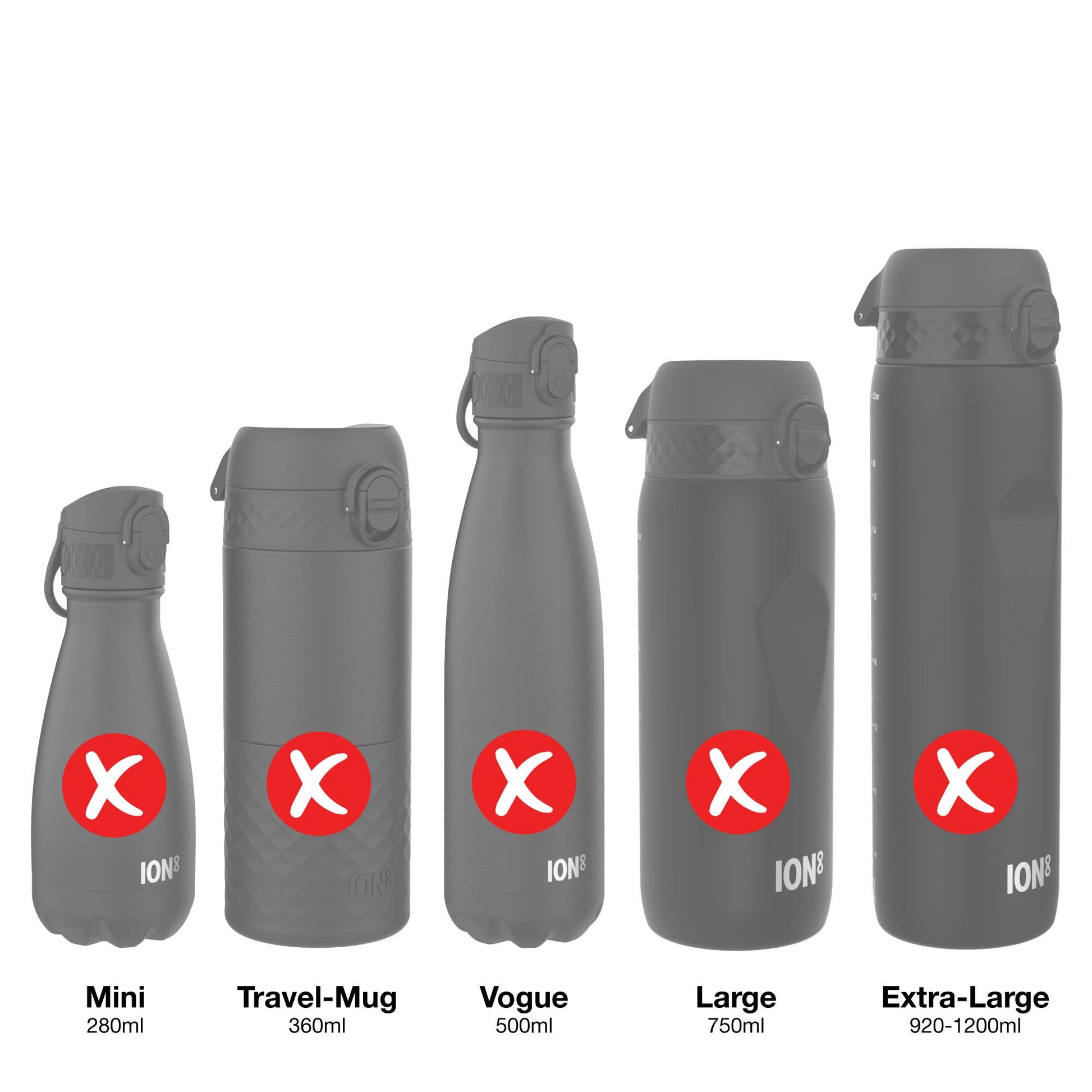 Five gray water bottles of varying sizes are displayed against a white background. Each bottle features a red 'X' logo and the brand name "ION8". Capacity is indicated below each bottle: 280ml, 360ml, 500ml, 750ml, and 920-1200ml.