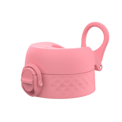 A pink bottle lid, with a hinged top and textured base, is shown against a white background.