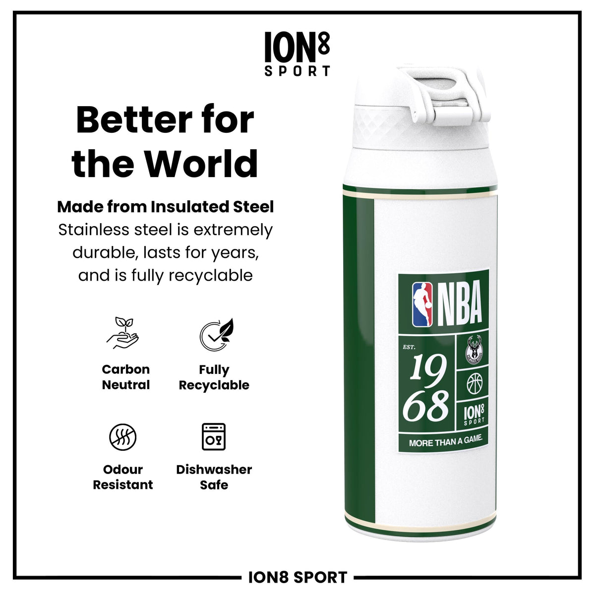 NBA x ION8, Insulated Steel Bottle, Milwaukee Bucks, 750ml (24oz)