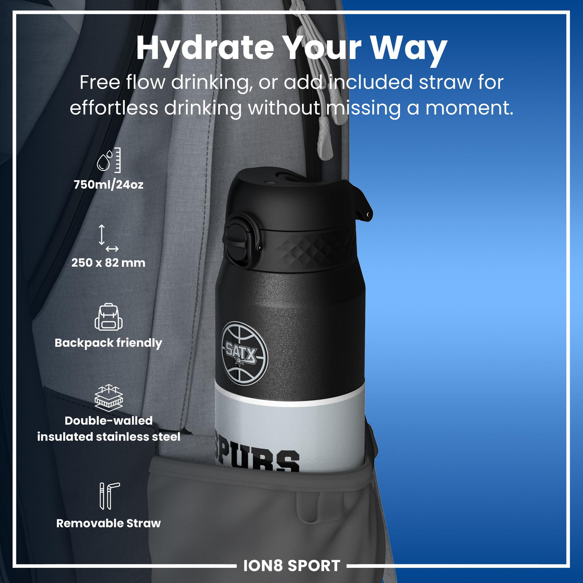 NBA x ION8, Insulated Steel Bottle, SA Spurs, 750ml (24oz)