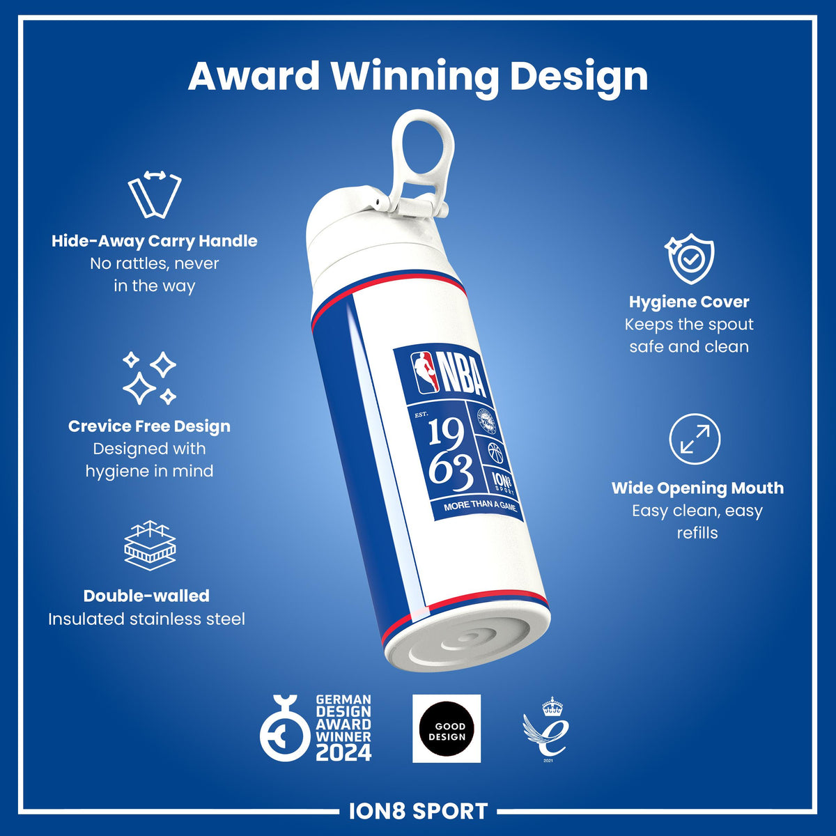 NBA x ION8, Insulated Steel Bottle, Philadelphia 76ers, 750ml (24oz)
