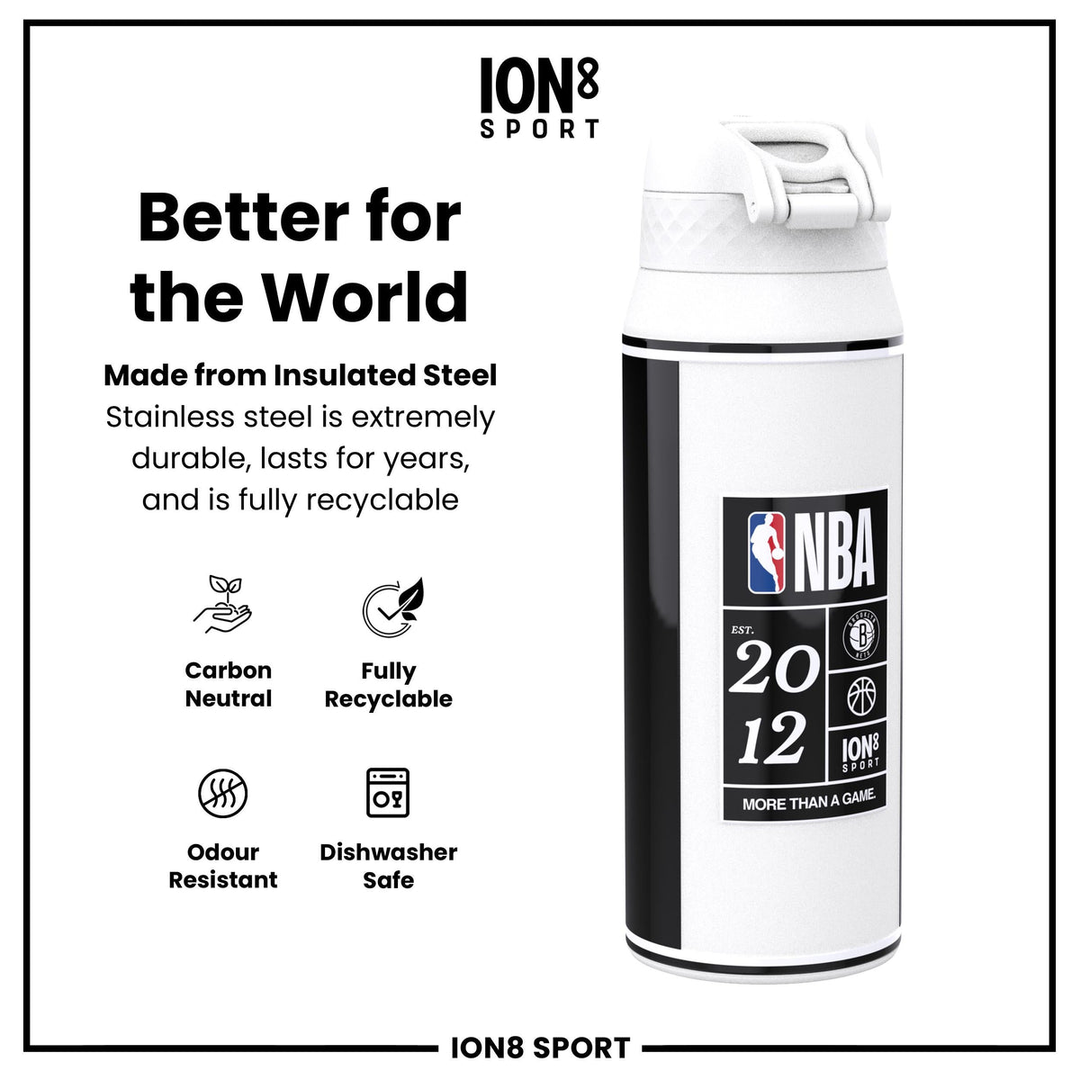 NBA x ION8, Insulated Steel Bottle, Brooklyn Nets, 750ml (24oz)