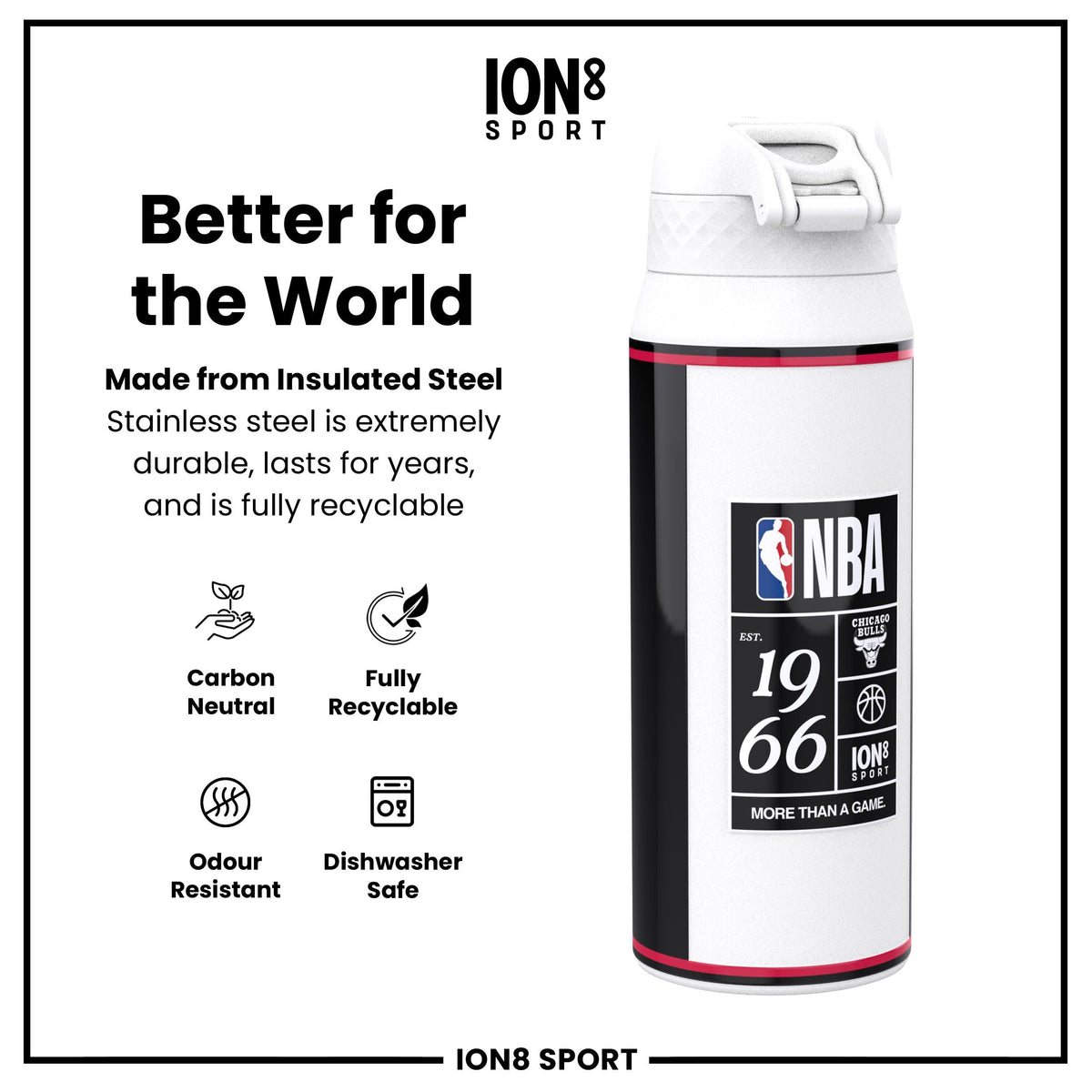 NBA x ION8, Insulated Steel Bottle, Chicago Bulls, 750ml (24oz)