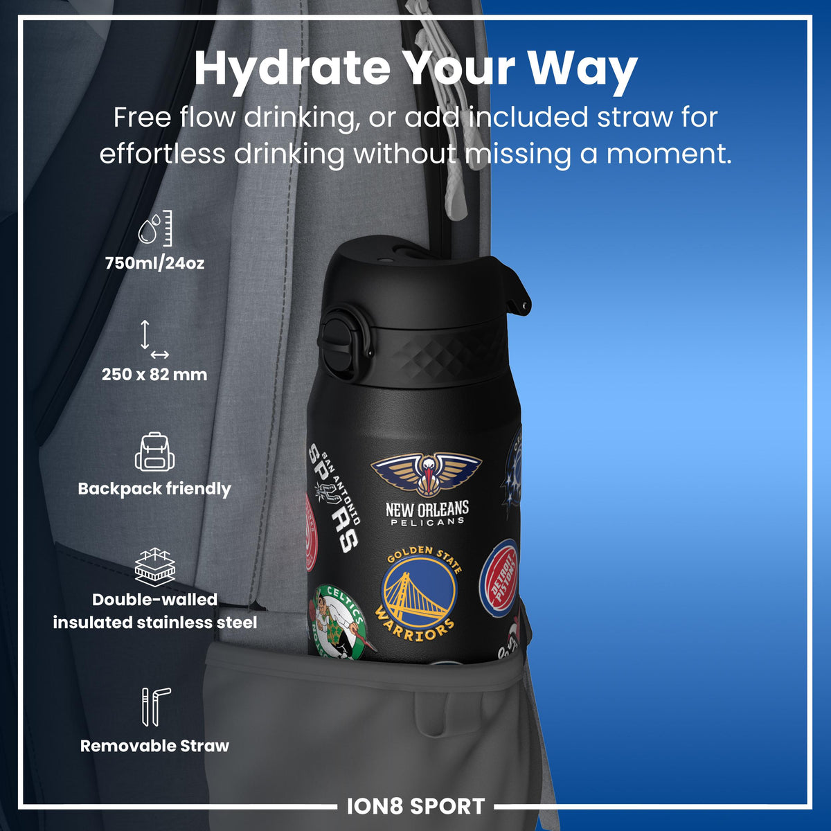 NBA x ION8, Insulated Steel Bottle, Multi Teams, 750ml (24oz)