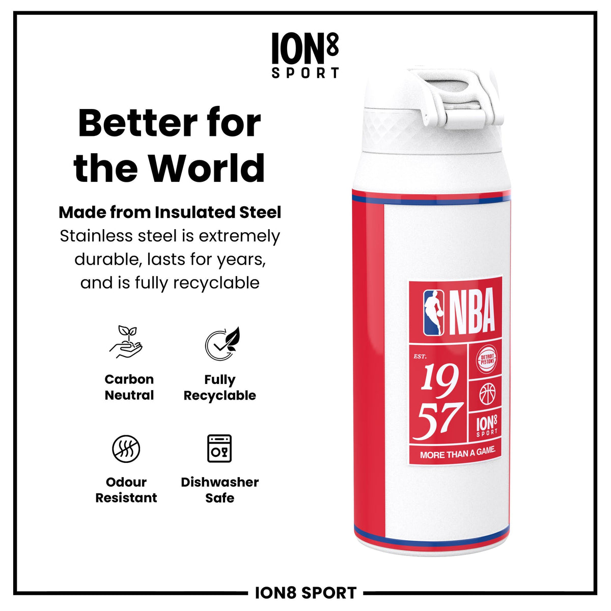 NBA x ION8, Insulated Steel Bottle, Detroit Pistons, 750ml (24oz)