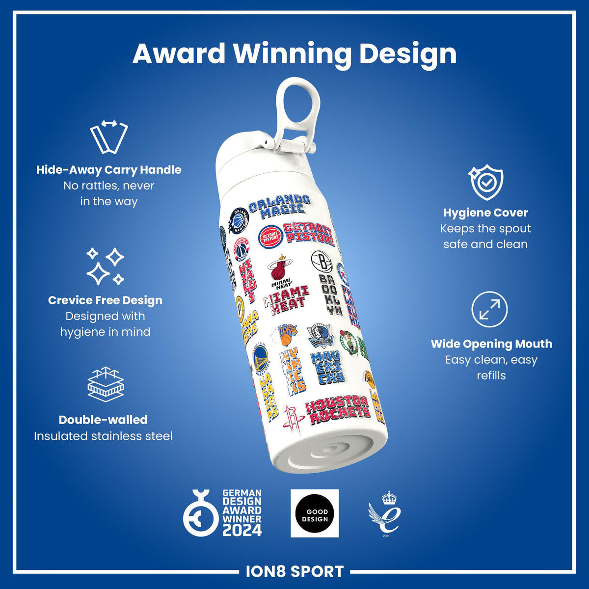 NBA x ION8, Insulated Steel Bottle, Patch Logos, 750ml (24oz)