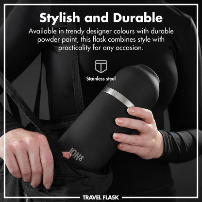 Person holding a black stainless steel flask labeled "ION8" removing it from a bag Stylish and Durable Available in trendy designer colours with durable powder paint this flask combines style with practicality for any occasion Travel Flask