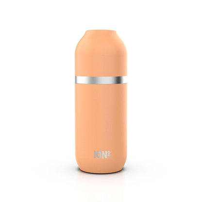 A peach-colored insulated water bottle with a silver band stands upright on a white background with the text "ION8" near the bottom.