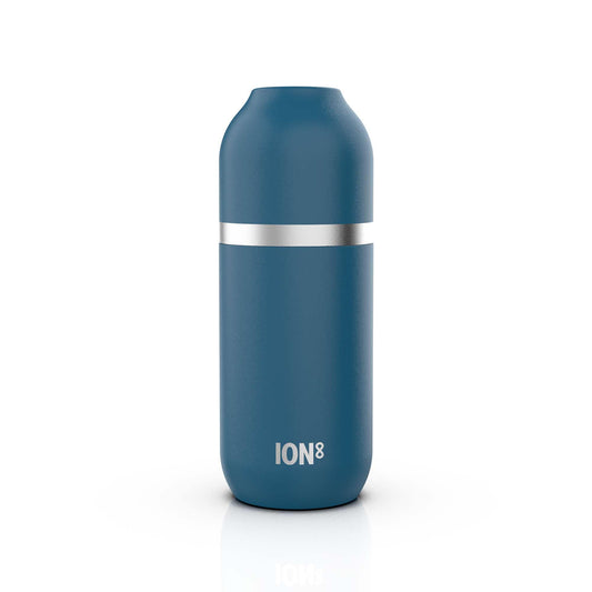 A blue insulated bottle standing upright with a silver horizontal band near the top on a plain white background. The text "ION8" is printed near the bottom.