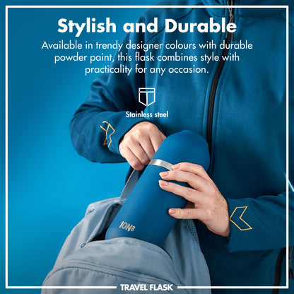 Travel flask being placed in a backpack by a person wearing a blue jacket Stylish and Durable Available in trendy designer colours with durable powder paint this flask combines style with practicality for any occasion Stainless steel ION8