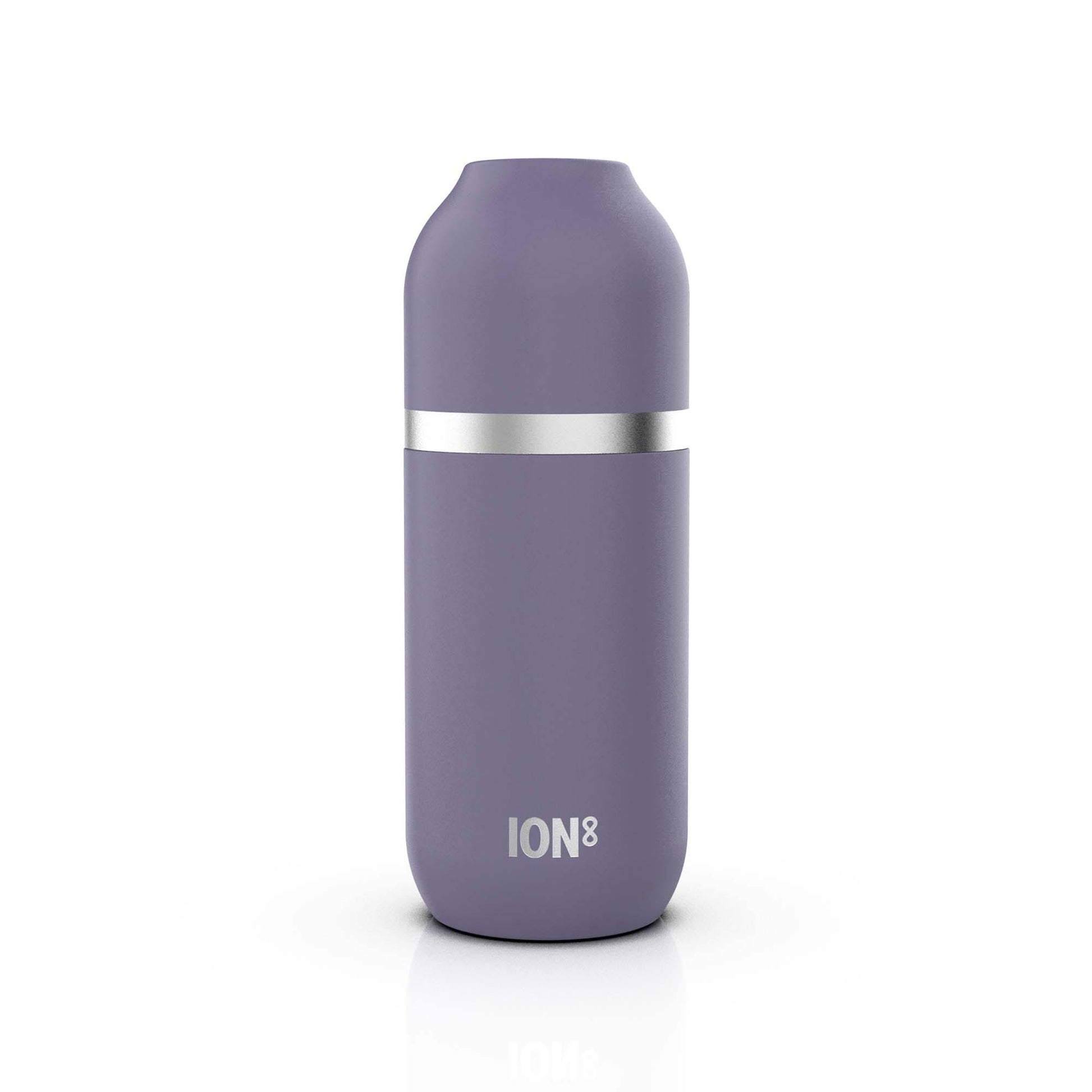 A cylindrical purple water bottle with a metallic band around the middle stands upright against a white background featuring the text ION8 near its base.