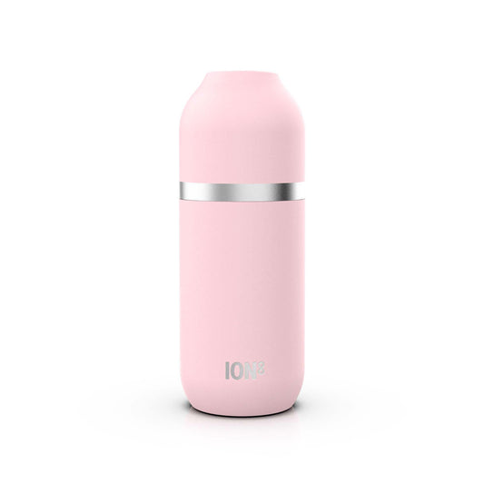 A pink insulated water bottle stands on a white background featuring a silver band around the middle with "ION8" printed near the bottom.