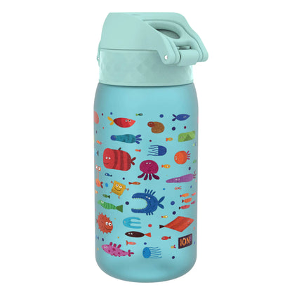 A turquoise water bottle displaying colorful cartoon sea creatures with smiling faces scattered across the surface; features a flip-top lid.