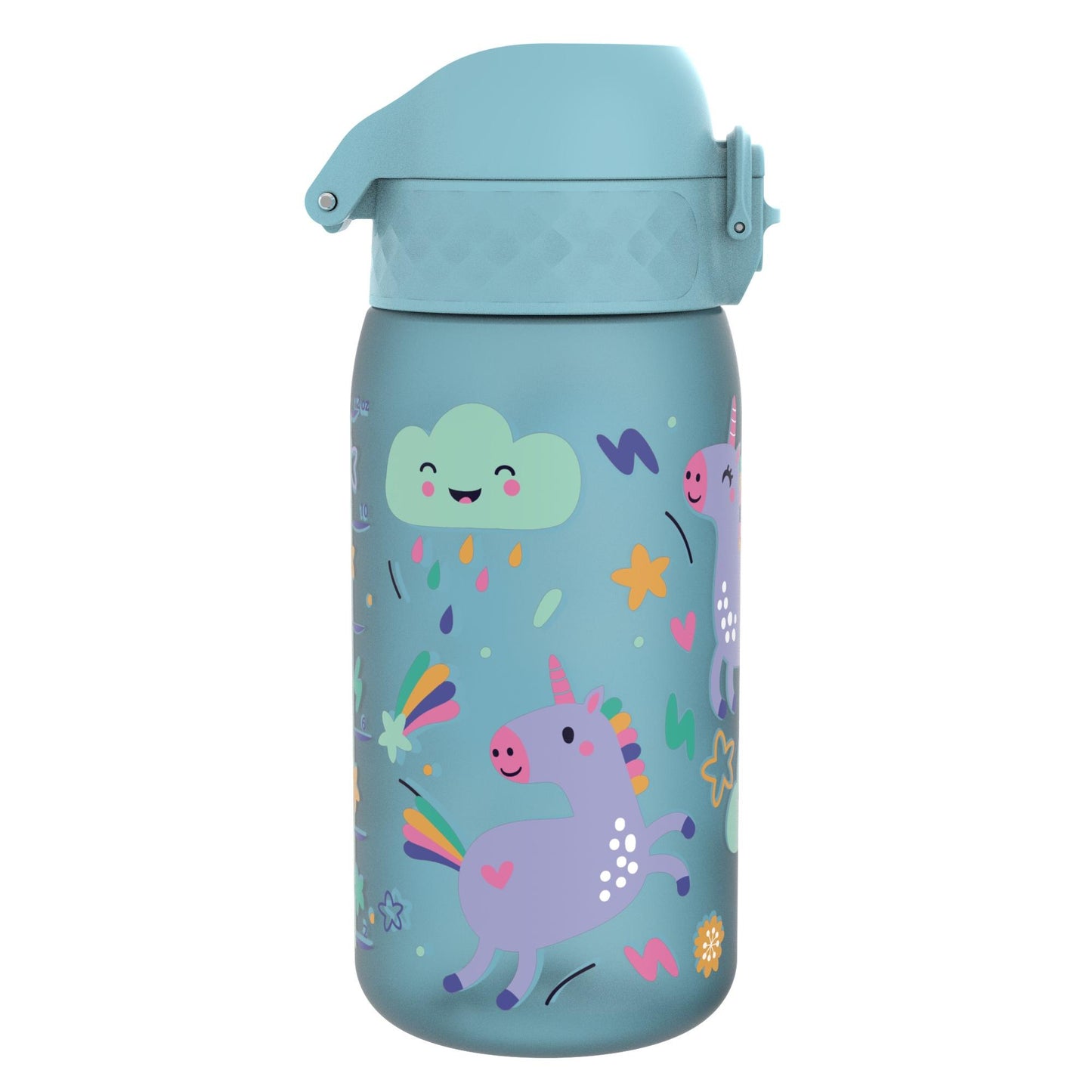 A turquoise water bottle displays colorful unicorns galloping among rainbows and smiling clouds surrounded by stars and heart motifs.