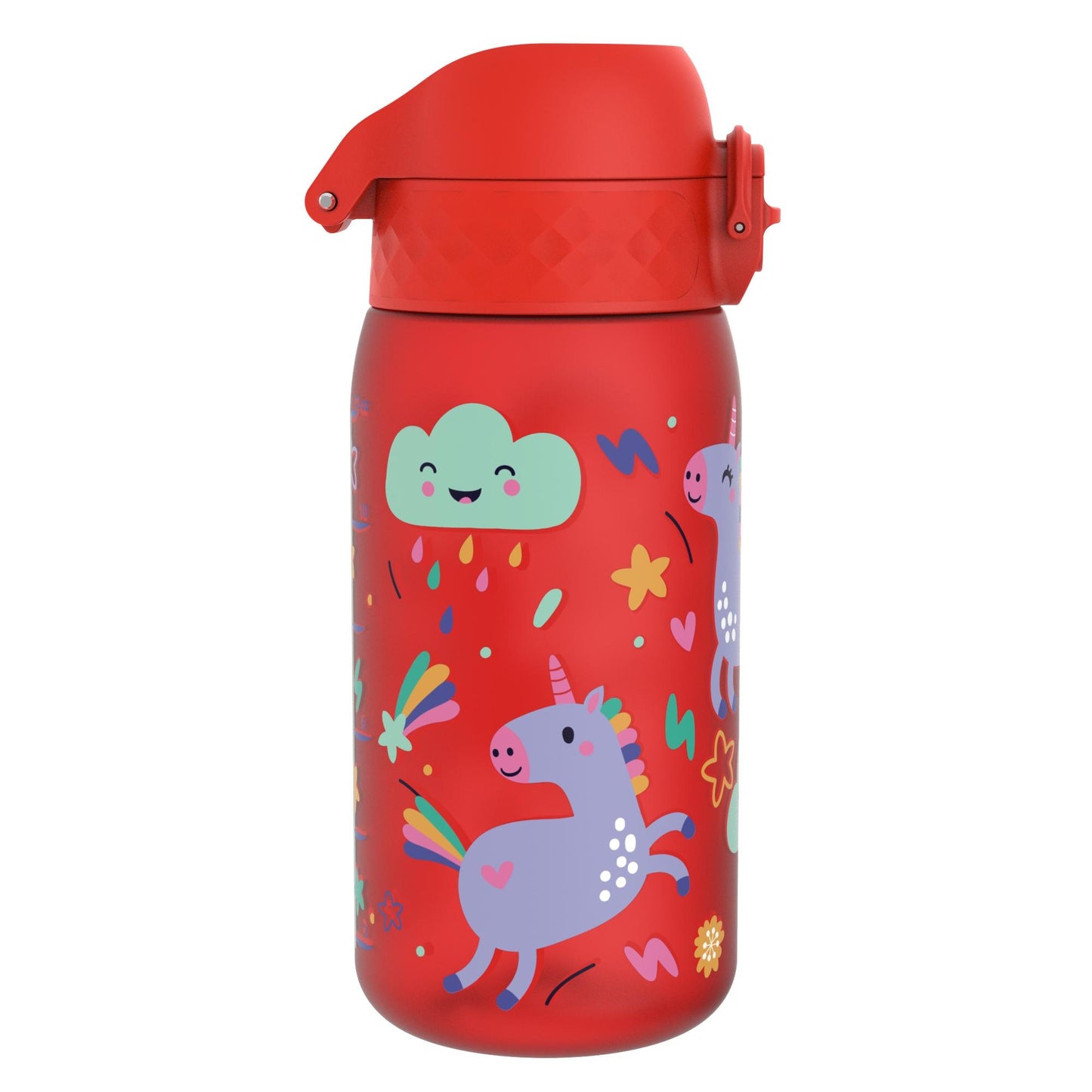 A red water bottle featuring playful unicorns and colorful stars with a smiling cloud dripping rainbow colors against a plain white background.