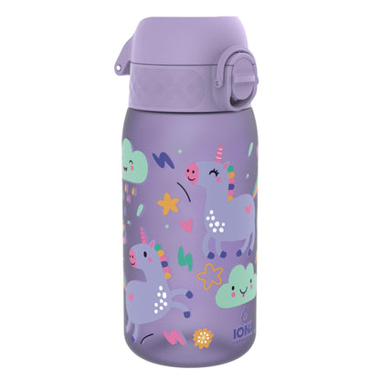 A purple water bottle featuring smiling unicorns with rainbow manes surrounded by colorful hearts clouds and stars in a whimsical design. Text on the bottle reads "ION8".