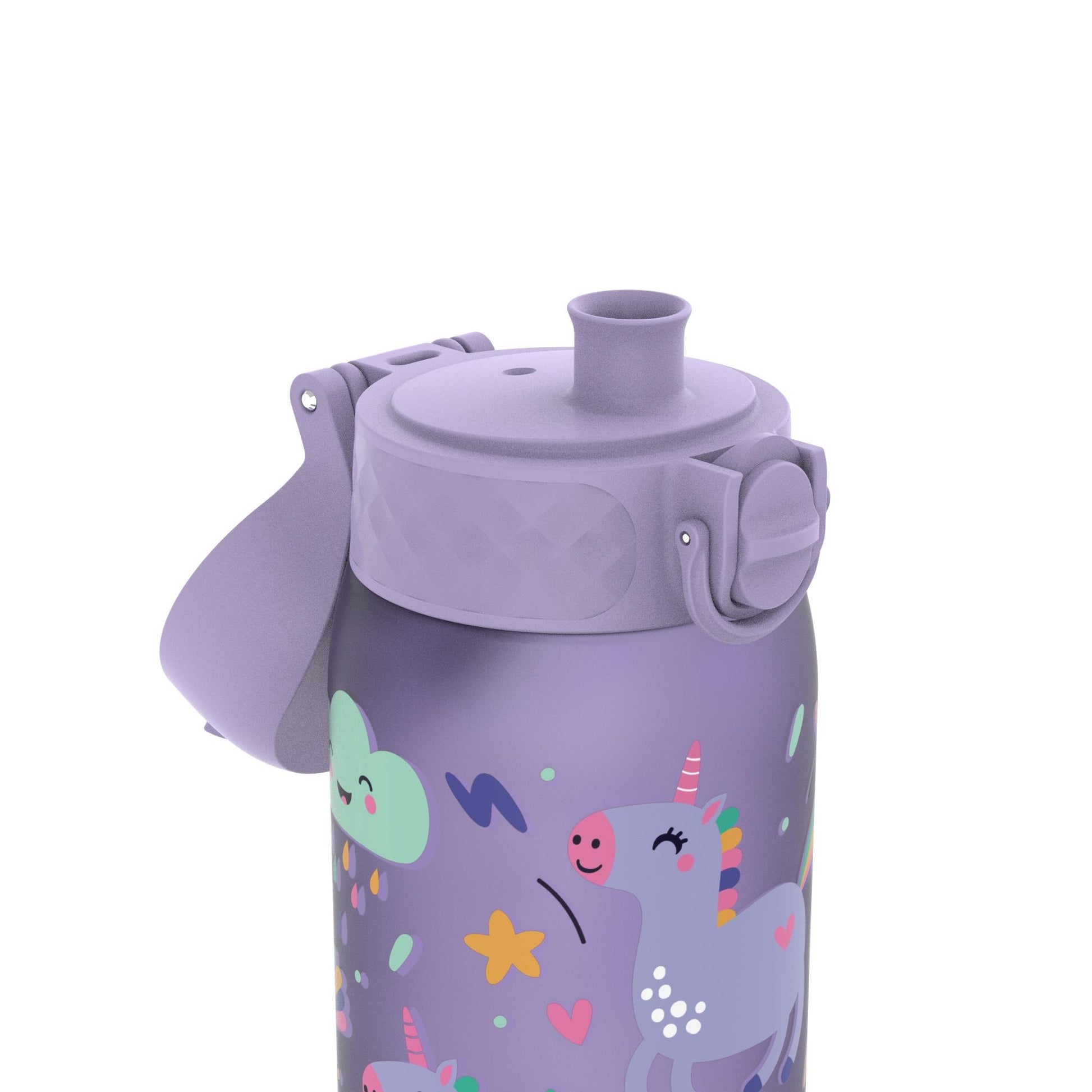 A purple water bottle with a unicorn and cloud design features a flip-top lid in a playful, whimsical pattern.