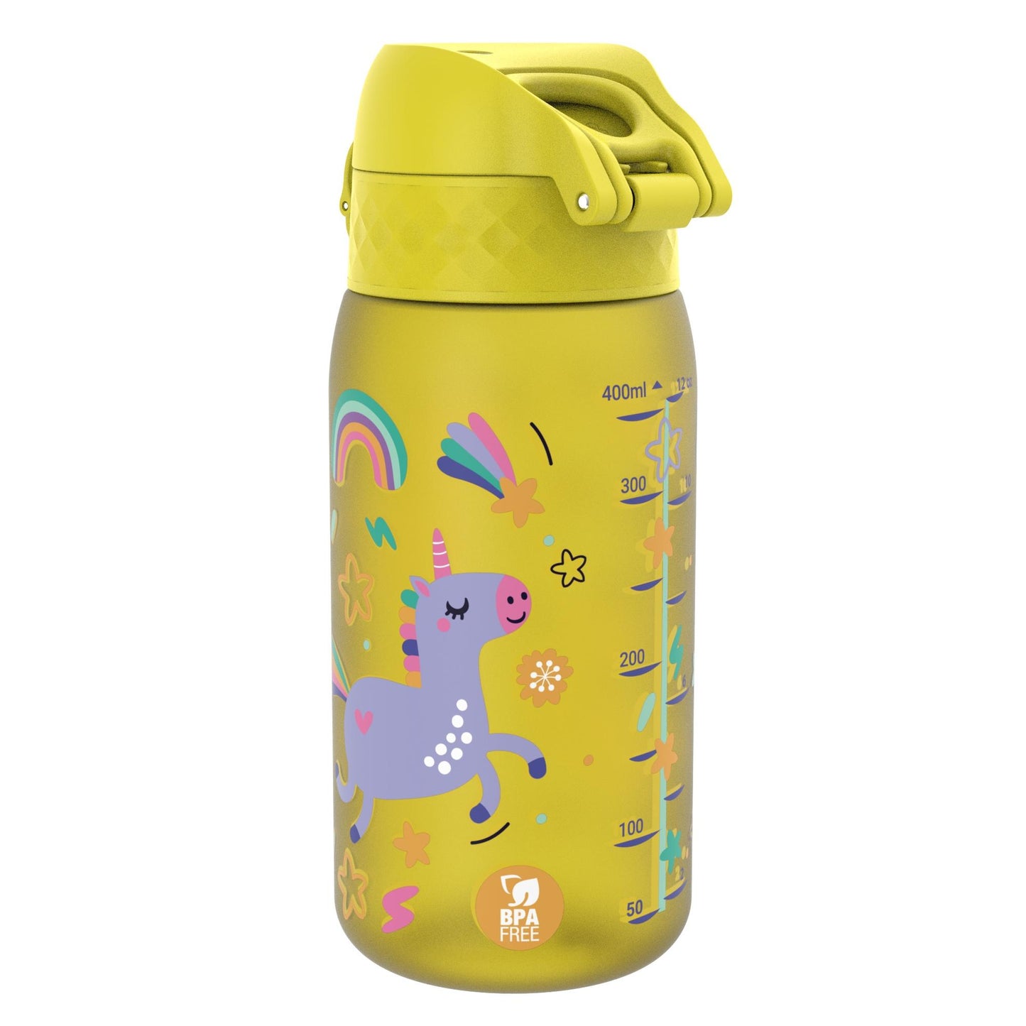 Yellow water bottle with a green cap displaying a colorful unicorn illustration surrounded by stars and rainbows context Translucent measurement markings on the side Text includes BPA FREE 50 100 200 300 400ml