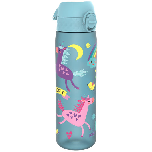 A teal water bottle depicts colorful unicorns with heart patterns, a bird, a rainbow, moon, clouds, and the word "Unicorn" on a ribbon in a whimsical design.