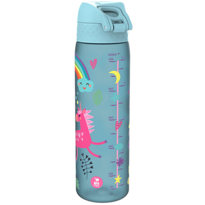 Blue water bottle features colorful unicorn, rainbow, and various decorative elements. Measurement markings read 600ml to 50ml and 17oz to 2oz. Text "BPA Free" at the bottom.