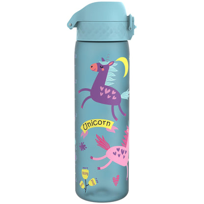 A turquoise water bottle featuring playful unicorn illustrations with hearts surrounds the word "Unicorn" and floral designs emphasizing a whimsical theme.