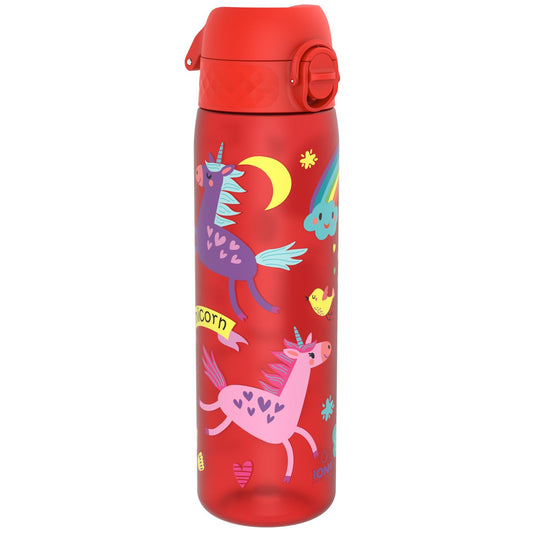 Red water bottle featuring colorful unicorn graphics with hearts and rainbows in a whimsical design Text reads unicorn ION8 Leakproof