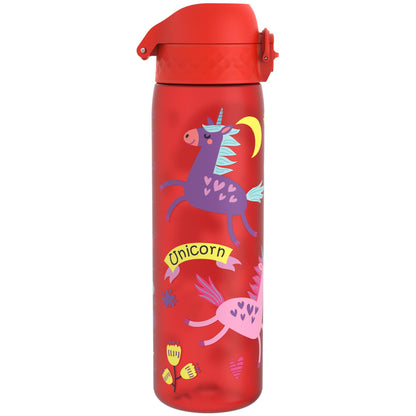 A red water bottle features colorful unicorn illustrations, including a purple unicorn with heart patterns. The word "Unicorn" is displayed on a yellow banner.