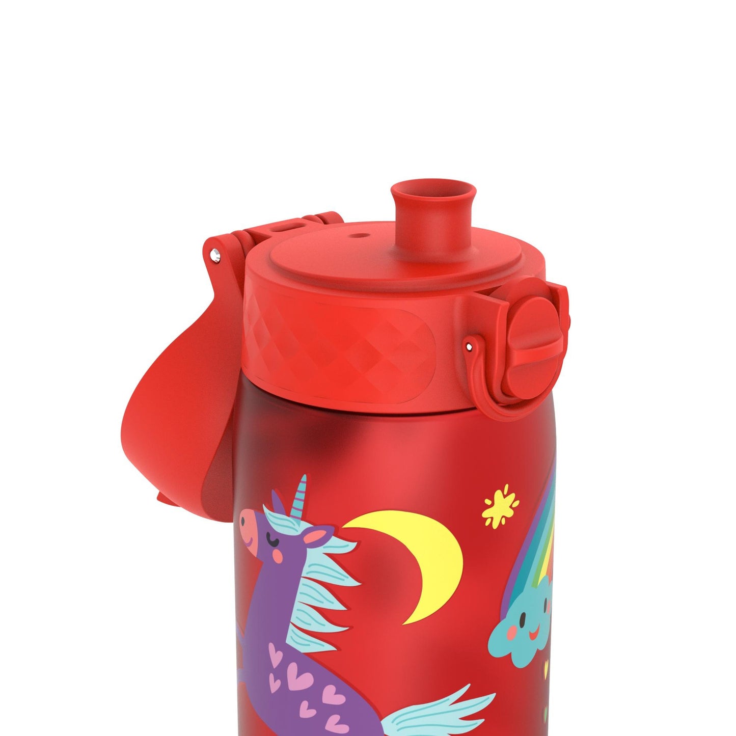 Red water bottle with a flip lid featuring a purple unicorn with heart patterns and a turquoise mane in a whimsical design surrounded by a yellow crescent moon and a rainbow cloud.