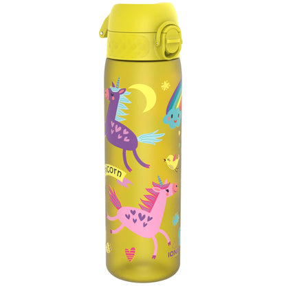 A yellow water bottle featuring colorful unicorns, hearts, and rainbows; one unicorn is purple, another pink, with the word "unicorn" on it alongside a crescent moon and fluffy clouds.