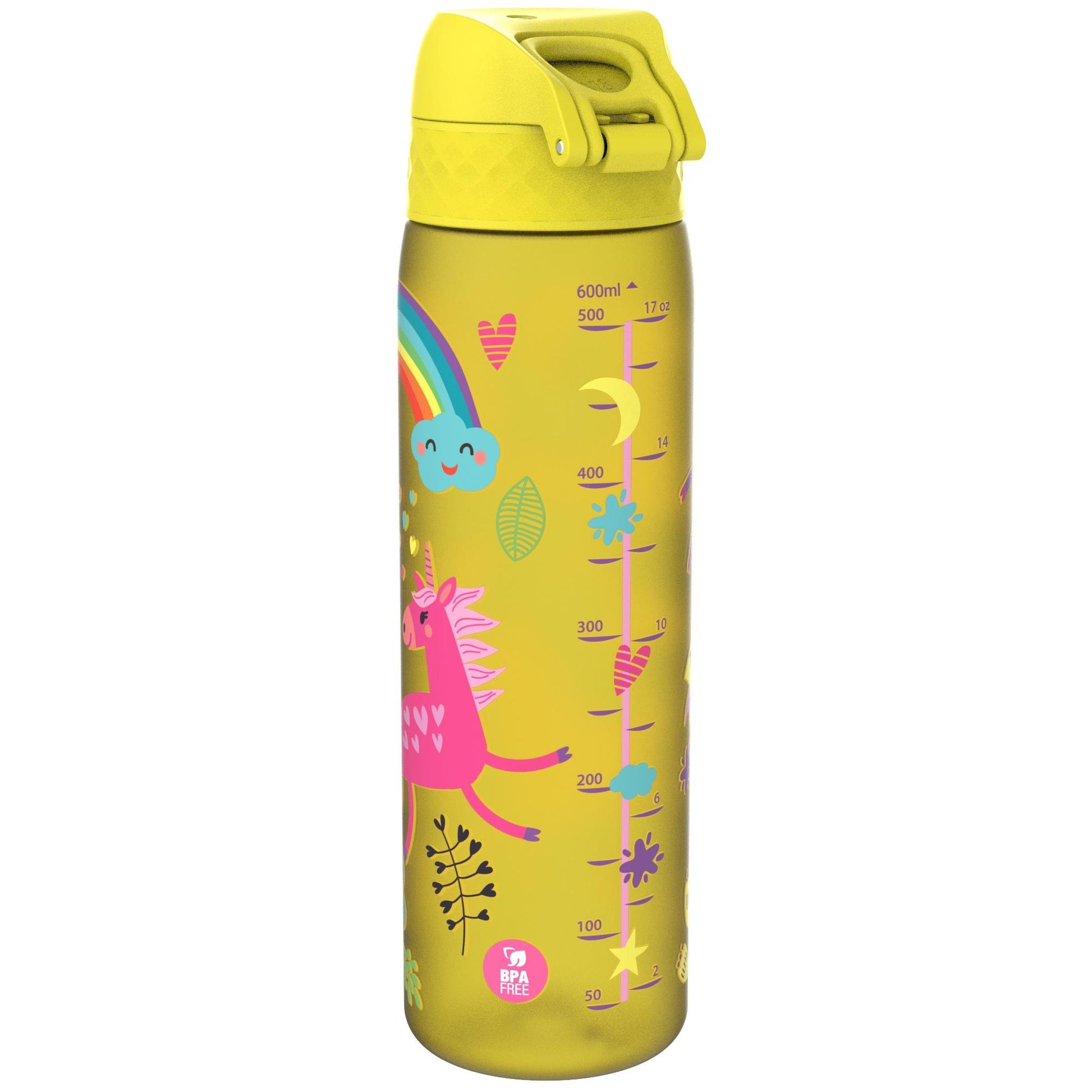 Yellow water bottle featuring a pink unicorn, rainbow, clouds, and measuring scale up to 600ml, 17oz. Bright illustrations include hearts, leaves, stars, and BPA-Free label in colorful design.