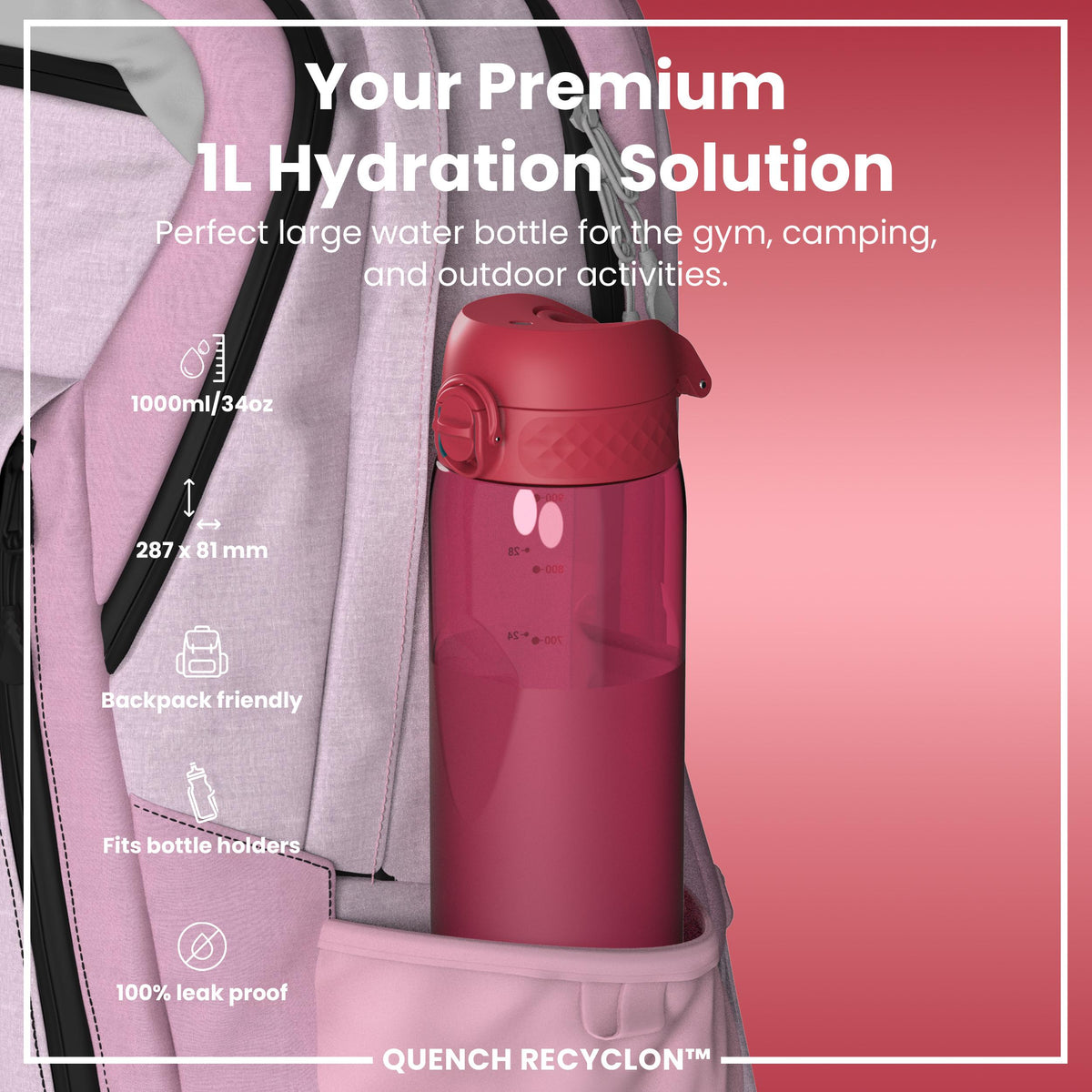 Leak Proof 1 litre Water Bottle, Recyclon, Half-Cut, Magenta, 1L